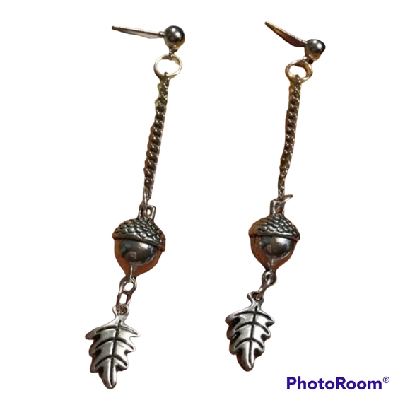 Acorn leaf silver handmade drop earrings stainless - Picture 3 of 11